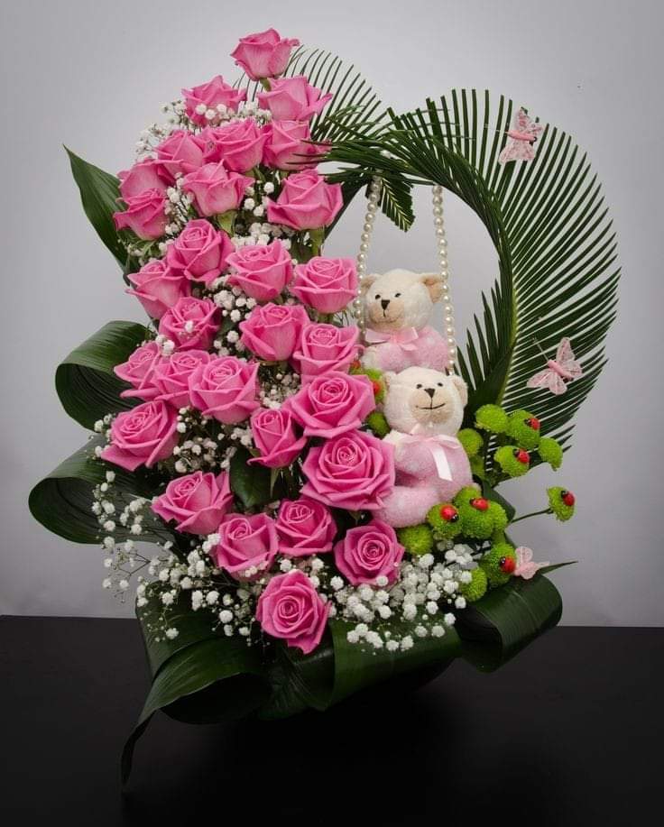 Pink Roses with Teddy Basket Bouquets