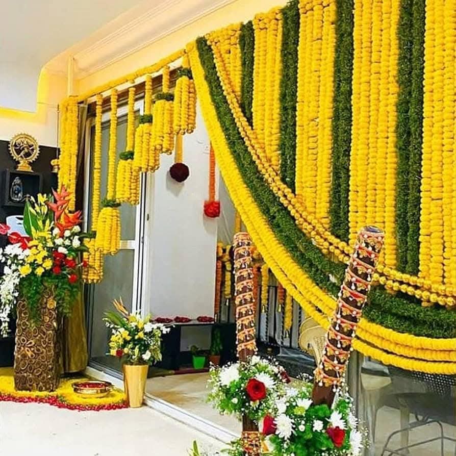 Yellow Marigold with Ashoka Leaves Gate